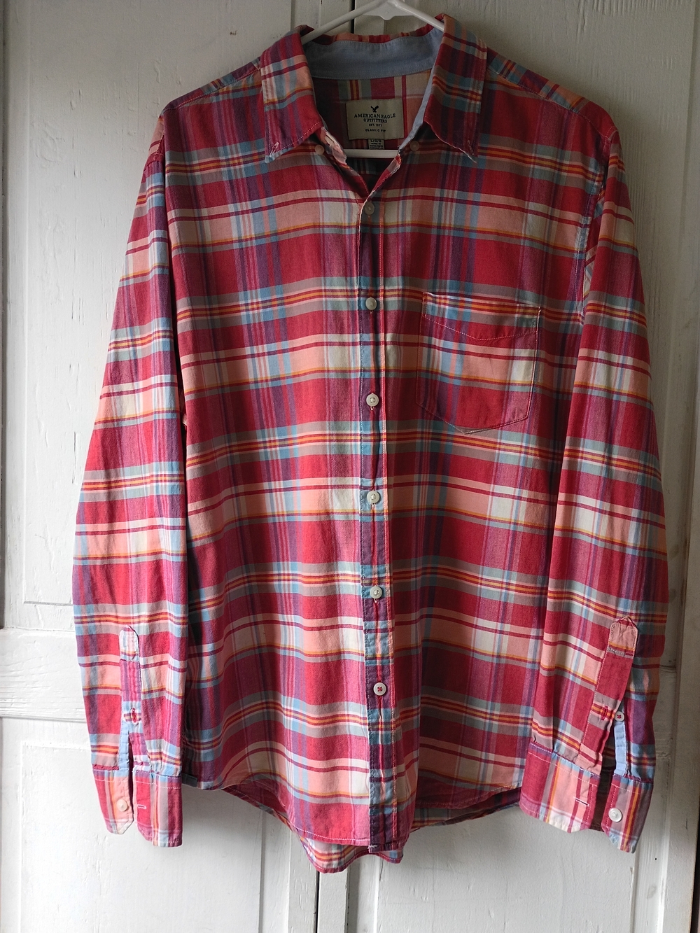 American Eagle Outfitters Red Plaid Button-Down Shirt with Blue Accents
